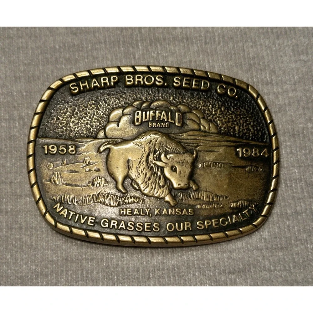 Vtg 1983 SHARP BROS. SEED CO. Belt Buckle Brass‎ HEALY, KANSAS 25th Anniversary